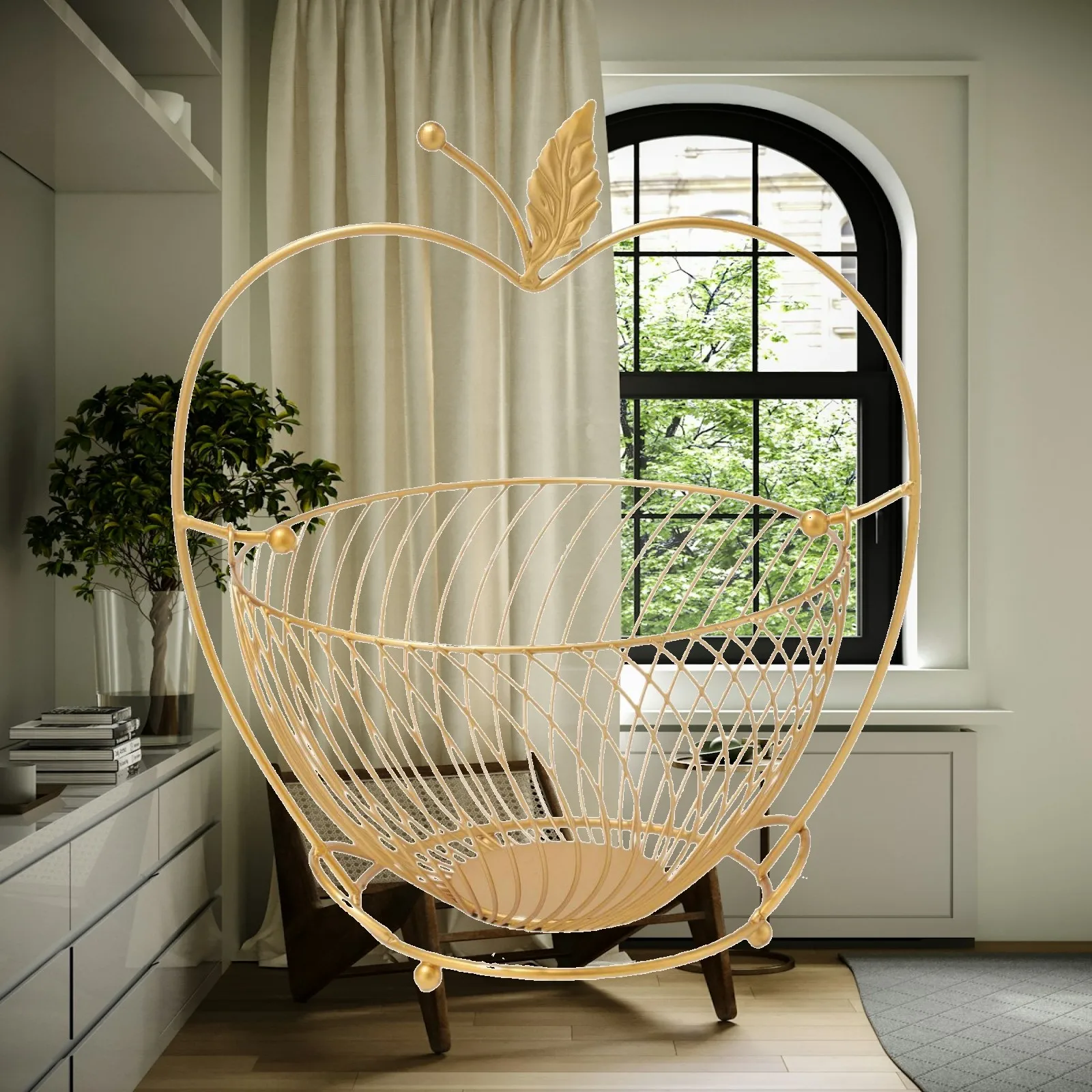 Apple-Shaped Fruit Basket Open Wire Fruit Basket with Base Dish Freestanding Sturdy for Hosts, Kitchen Countertop, Dining Table