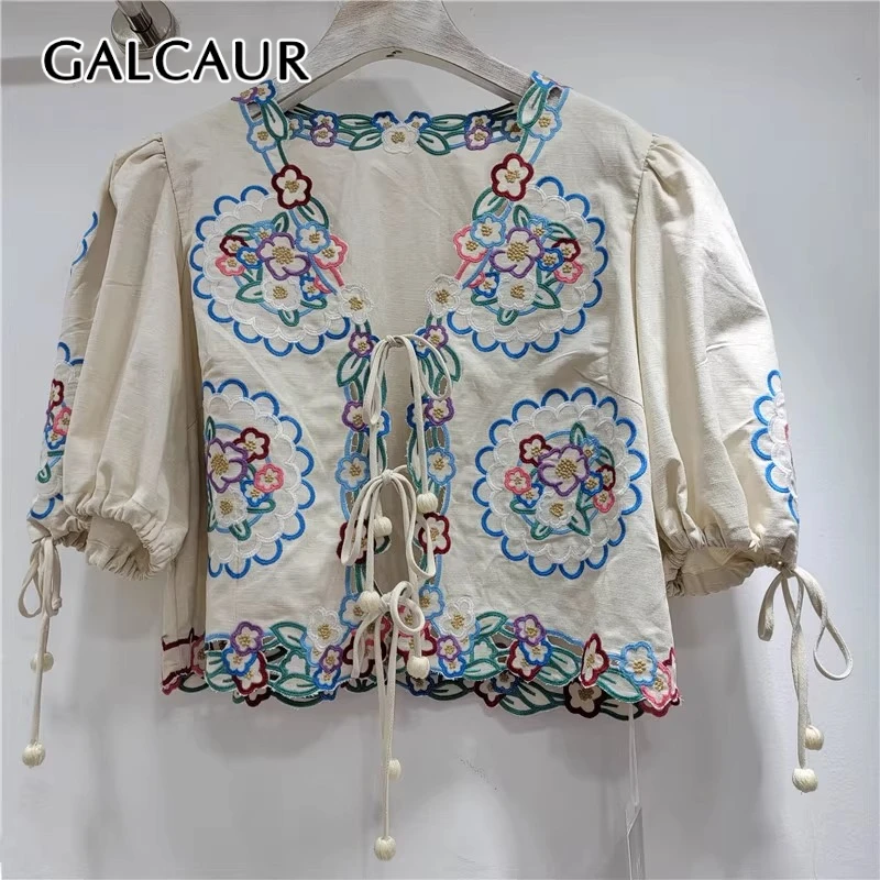 

GALCAUR Hit Color Spliced Embroidery Elegant Shirts for Women V Neck Half Sleeves Hollow Out Spliced Lace Up Shirt Female Style