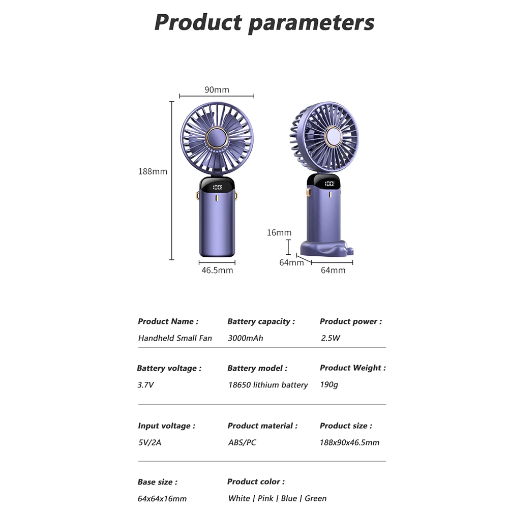 Mini ventilador elétrico com um cordão no pescoço, 1 ABS, portátil, dobrável, display digital, mesa de escritório, atacado