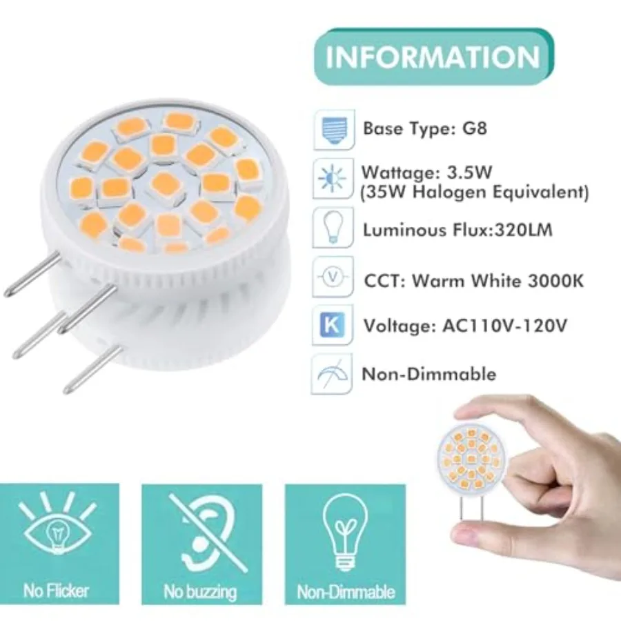 G8 LED Bulb G8 Mini Thin Puck Light Bulb 3.5Watt 35W Halogen Bulb Equivalent T4 G8 Bi-Pin Base 120V 3000K G8 Bulb for Under Cou