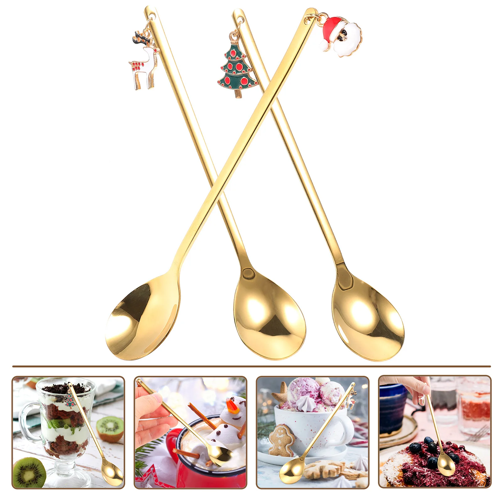 

3Pcs Christmas Dessert Spoons Stainless Steel Ergonomic Handle for Ice Cream Coffee Stirring Mixing Spoons