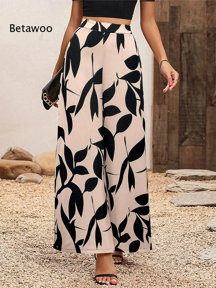 Women High Waist Leaf Printed Wide Leg Pants Loose Casual Flowy Trousers for Beach Vacation Daily Summer Outfits