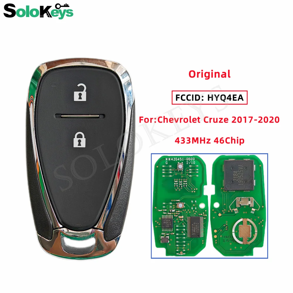 SOLOKEYS FCCID:HYQ4EA For Chevrolet Cruze 2017-2020 Original Smart Remote Key 433MHz 46 PCF79378 Chip HITAG2 2Buttons With LOGO