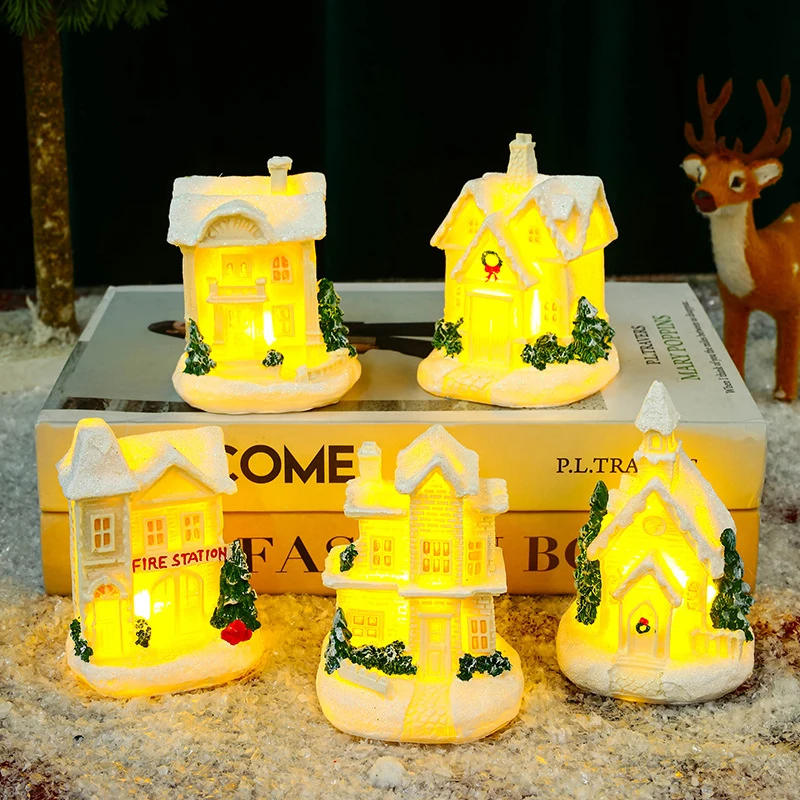 Resin Christmas Houses Lighted Xmas Village Houses Figurines Snow View House Holiday Gift Home Decor Resin House For Christmas