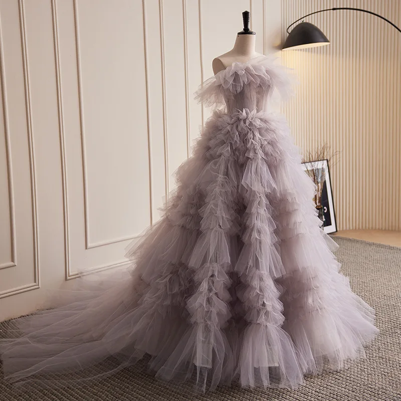 Customized Purple Ball Gown Evening Dresses Tulle Court Train Elegant High End Formal Occasion Prom Birthday Party Gowns