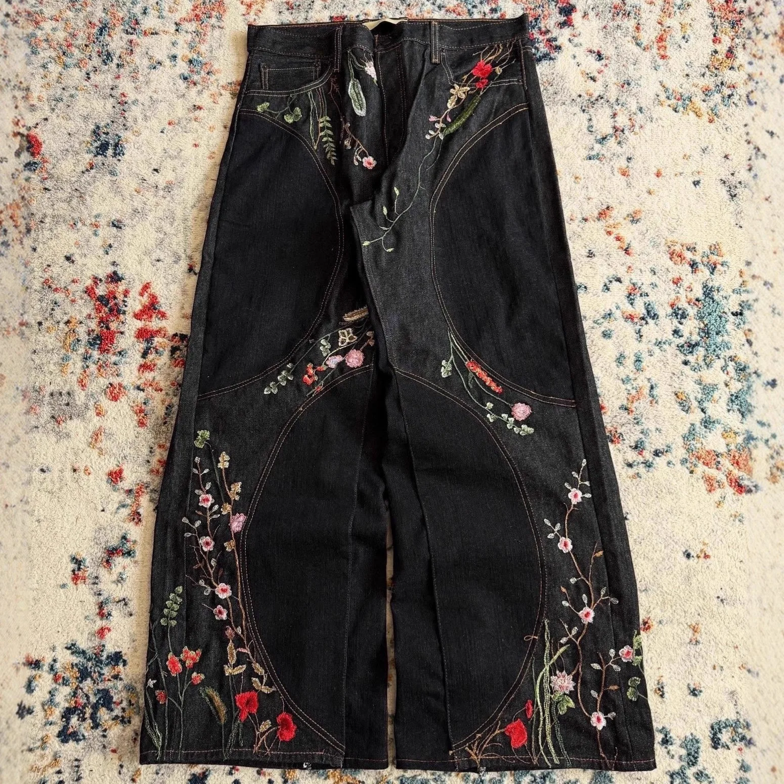 

Low Waist Cotton Jeans Men's Loose Wide Leg Patchwork Design Embroidered Floral Street Style Casual Straight Leg Trousers