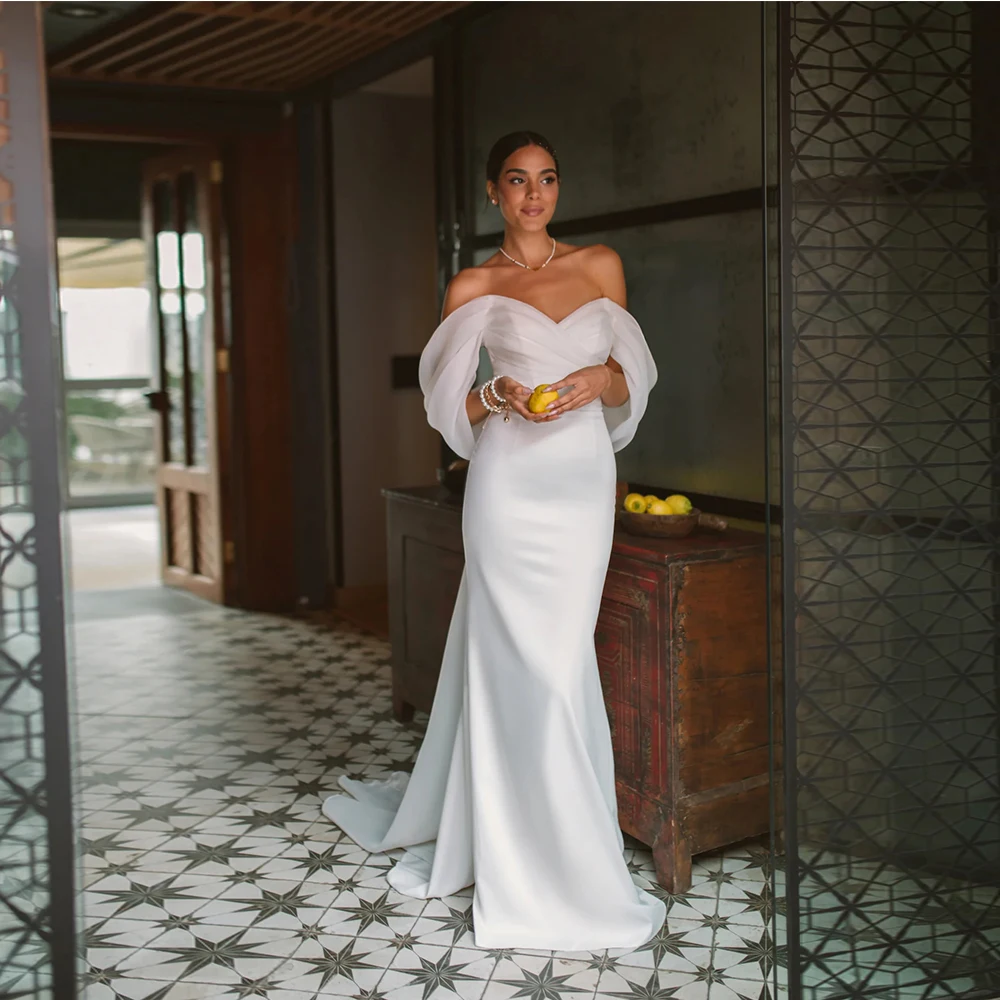 

Elegant Sweetheart Mermaid Wedding Dress Women White Off The Shoulder Open Back Bridal Gown Train Vestidos De Novia Customized