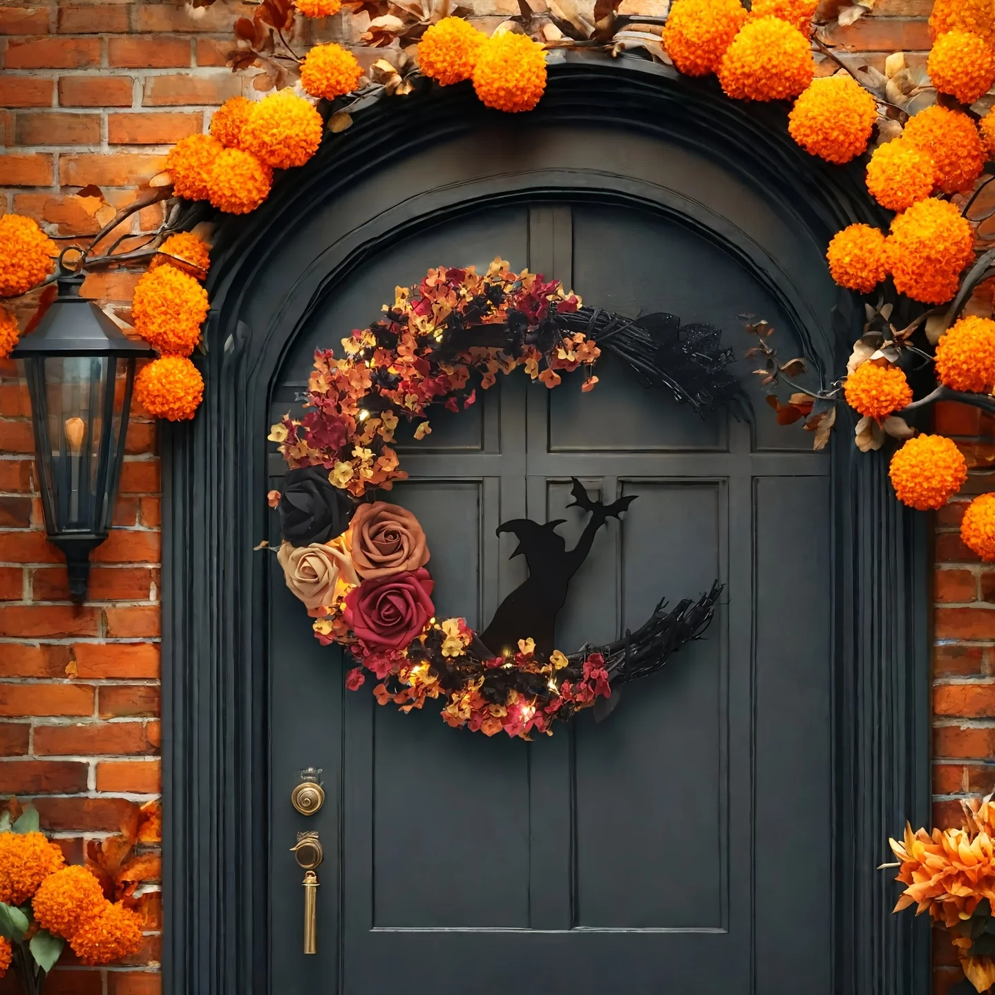 D2 Halloween Witch Cat Rose Wreath Hanging Gothic Crescent Moon Christmas Wreath For Home Party Wall Window Decor Indoor Outdoor view 6