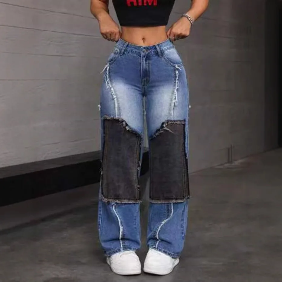 

Женские прямые брюки, джинсы с нашивкой в стиле пэчворк, с высокой талией, потертые винтажные джинсовые брюки полной длины, уличная одежда 2025