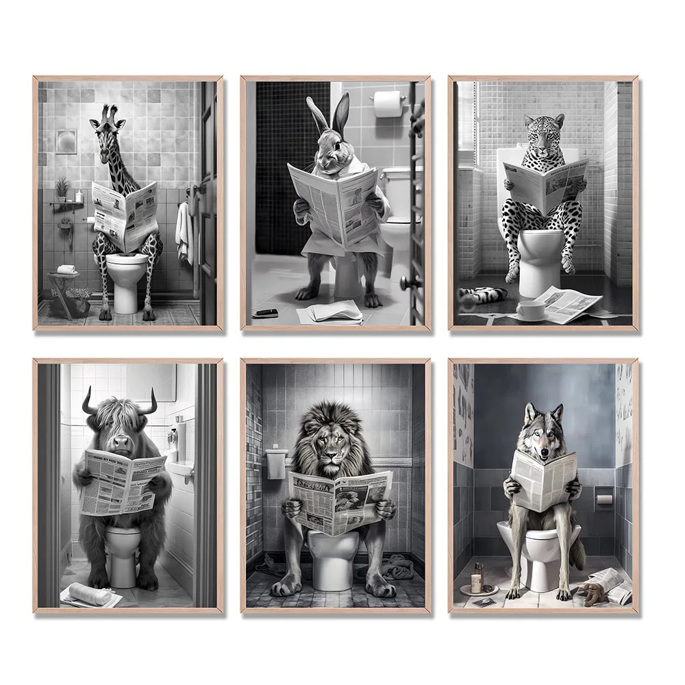 Animal On the Toilet Canvas Painting, Funny Bathroom Wall Art Pictures Prints, Black And White Animal Poster, Home Decor Murals