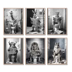 Animal On the Toilet Canvas Painting, Funny Bathroom Wall Art Pictures Prints, Black And White Animal Poster, Home Decor Murals