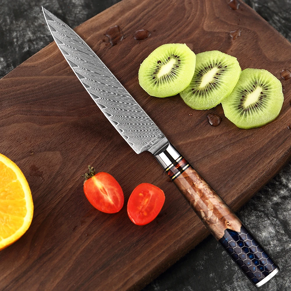 XITUO Professional 5 Inch Utility Knife Fruit Knife Damascus Steel Sharp, Kitchen Paring Knife With Honeycomb Blue Resin Handle