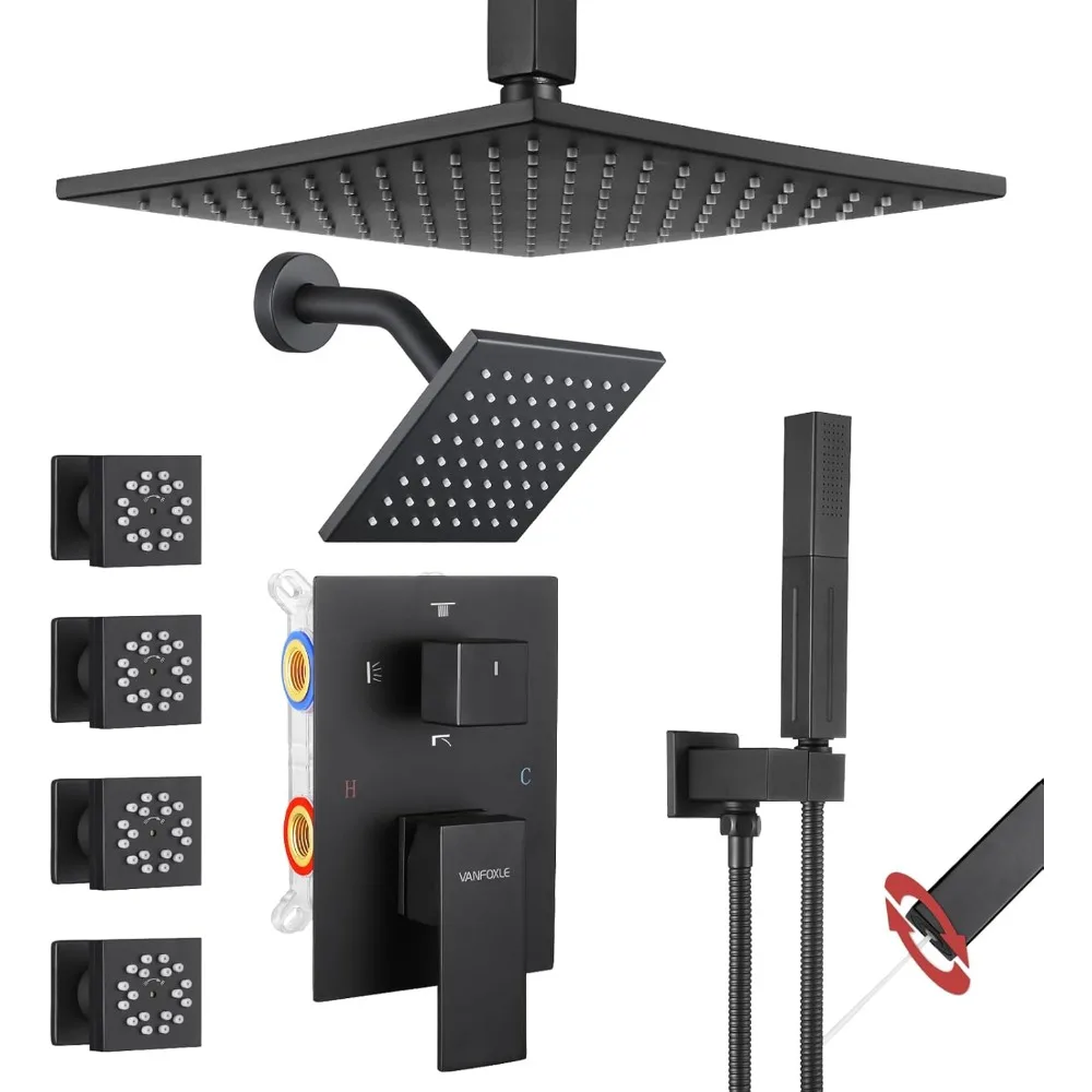 

Matte Black Shower System with Four Modes and 2-in-1 Handheld, Ceiling Mount 10 Inch Shower Faucet Set
