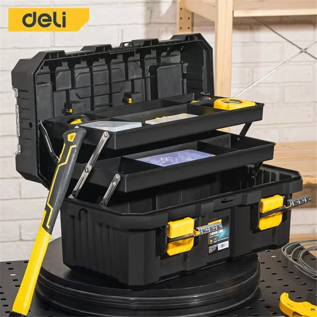 DELI Heavy Duty Thickened Tool Box Three-layer Folding Storage Tools Organizer Screwdriver Plier Waterproof Garage Tool Case