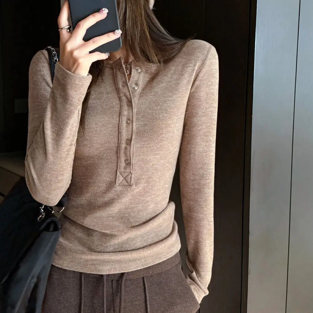 Fashion Women Long Sleeve T Shirt Slim Fit Crew Neck Pullover Button Decor Soft Solid Color Casual Daily Autumn Top