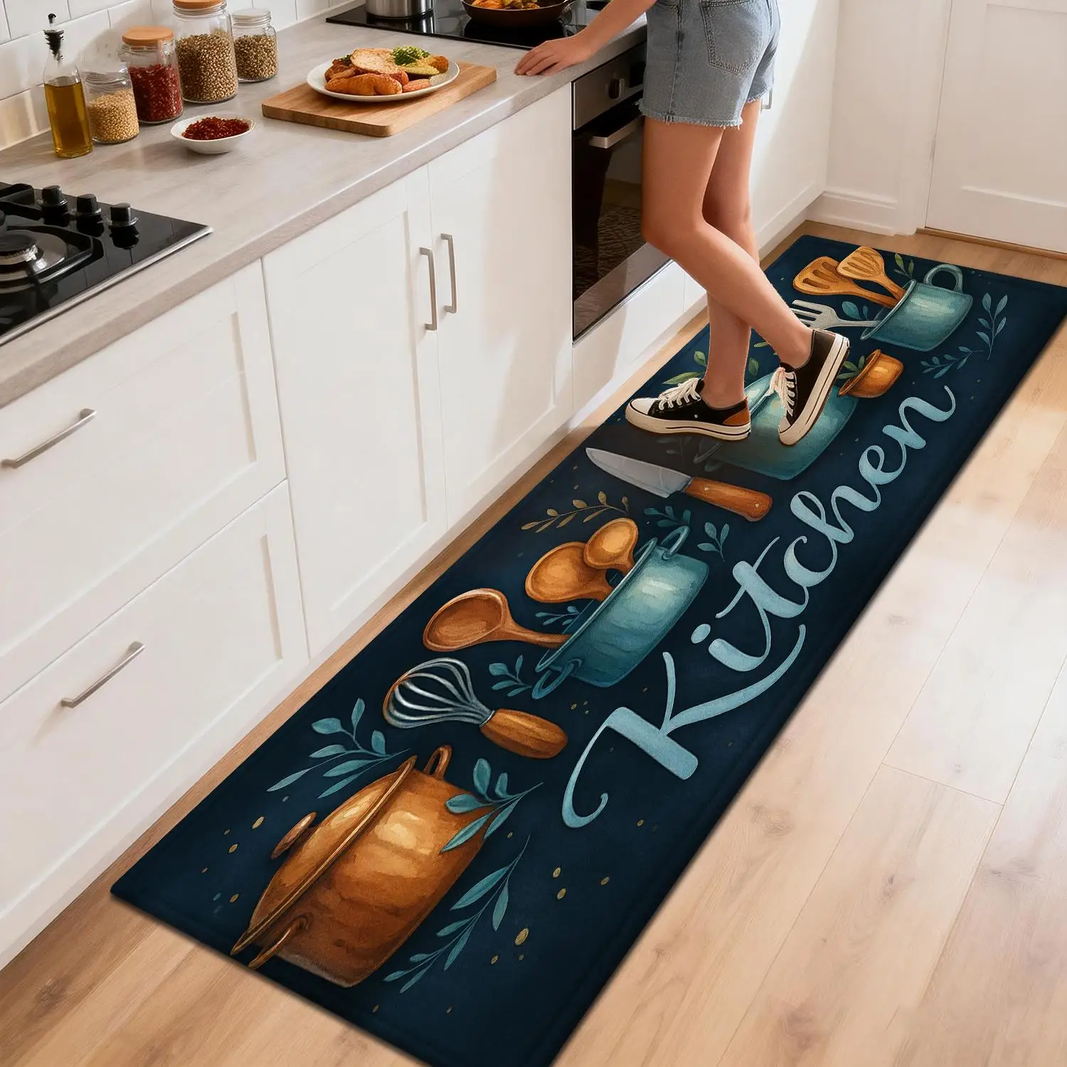 Vintage Kitchen Utensils Print Rug Non-Slip Washable Floor Mat Cookware Pattern for Kitchen Hallway Diatom Mud Water Absorbent