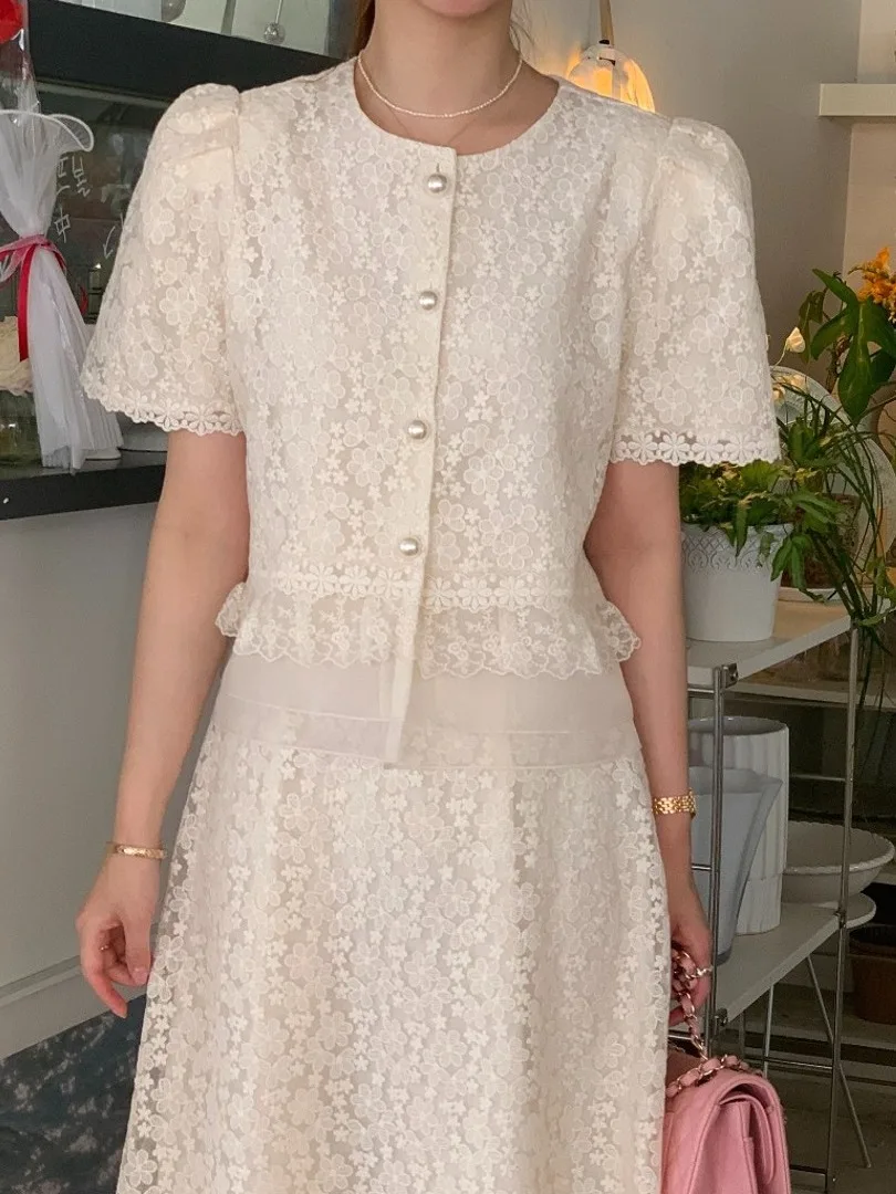 

Chic Summer Outfit Set Women's Vintage Lace Hook Flower ort Ele Top High Waist f Skirt Long Dr Faionable Ensemble