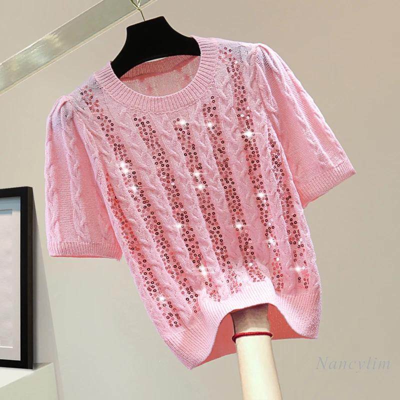 

Heavy Embroidery Sequins Ice Silk Tshirt 2024 Summer Korean Style Slimming High Waist Short Twist Short Sleeve Knitted Top Women