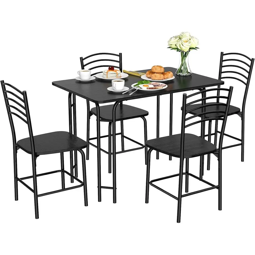 

5-Piece Dining Set: 1 Table with 4 High-Back Chairs, Suitable for Kitchen or Restaurant, Black