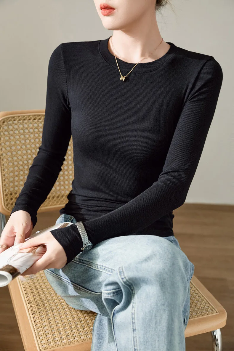 Long Sleeve Solid Color Womens Polyester Knit Base Layer Blouse Soft Undershirt for Autumn Winter Commuting Casual Wear