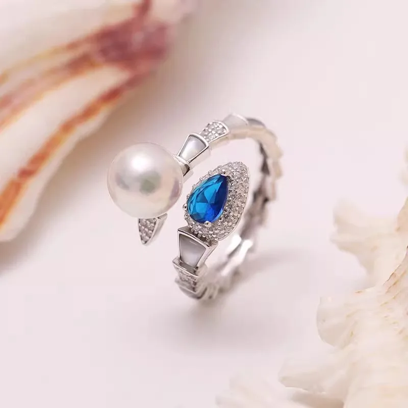 MeiBaPJ 8mm Natural Nearround Pearl Fashion Snake Ring DIY 925 Silver Holder Setting Fine Wedding Jewelry for Women
