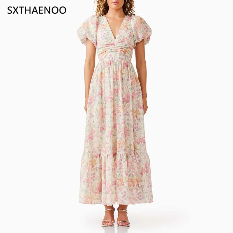 

SXTHARNOO Floral Printing Casual Dress Women V Neck Puff Sleeve High Waist Patchwork Zipper Temperament Folds Long Dress Female