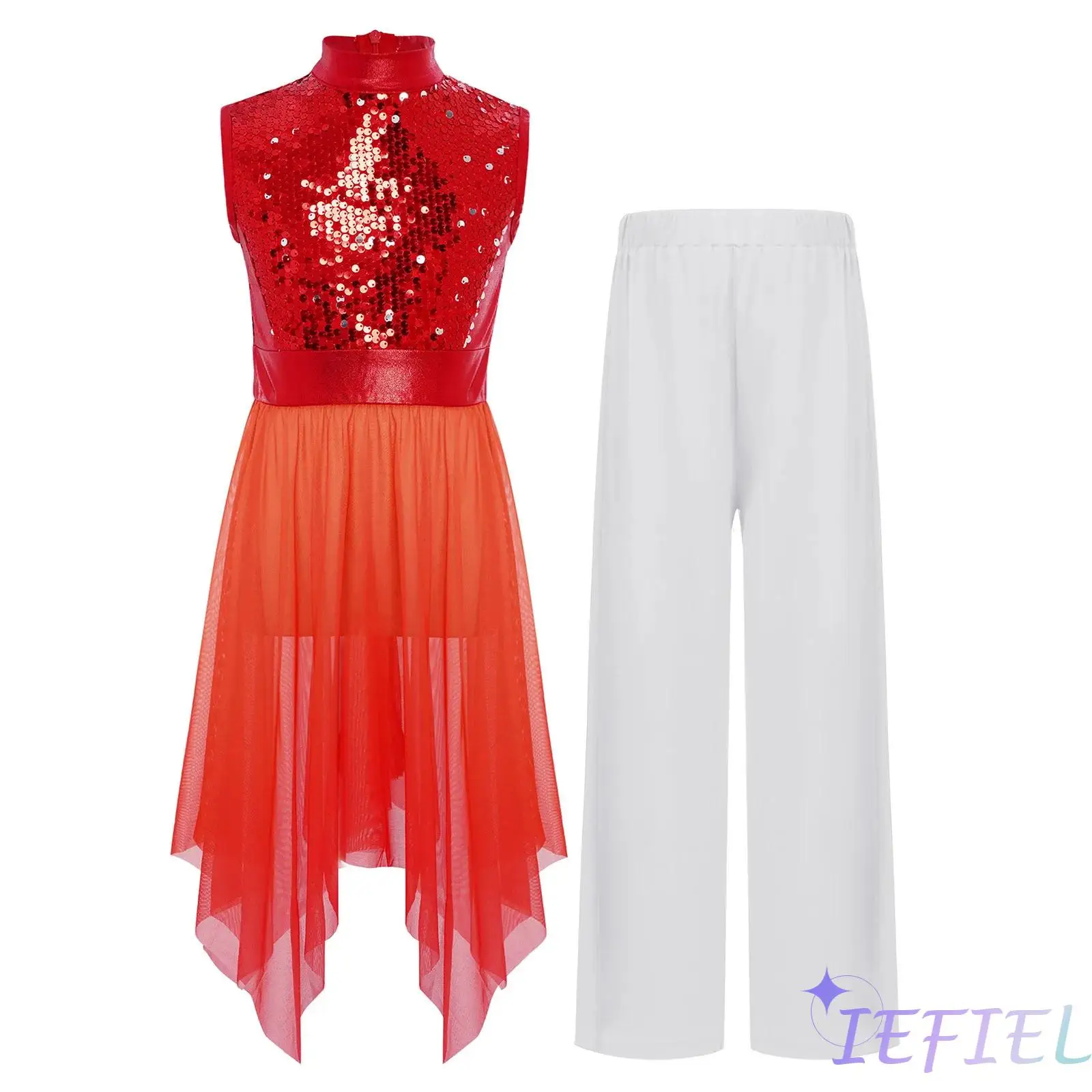 

Girls Liturgical Praise Dance Dress Costume Sleeveless Asymmetrical Hem Church Worship Dance Robe with Pants for Lyrical Dance