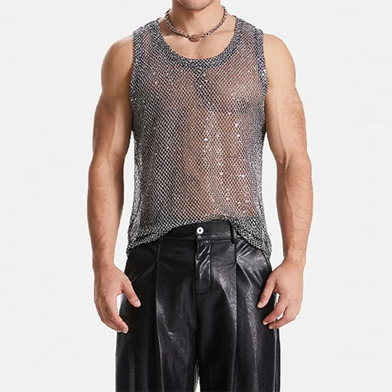 Men's Hollow out Mesh Tank Top Tassel Sleeveless Fashion Vest Heavy Craft Streetwear for Sexy Performance Nightclub Wear