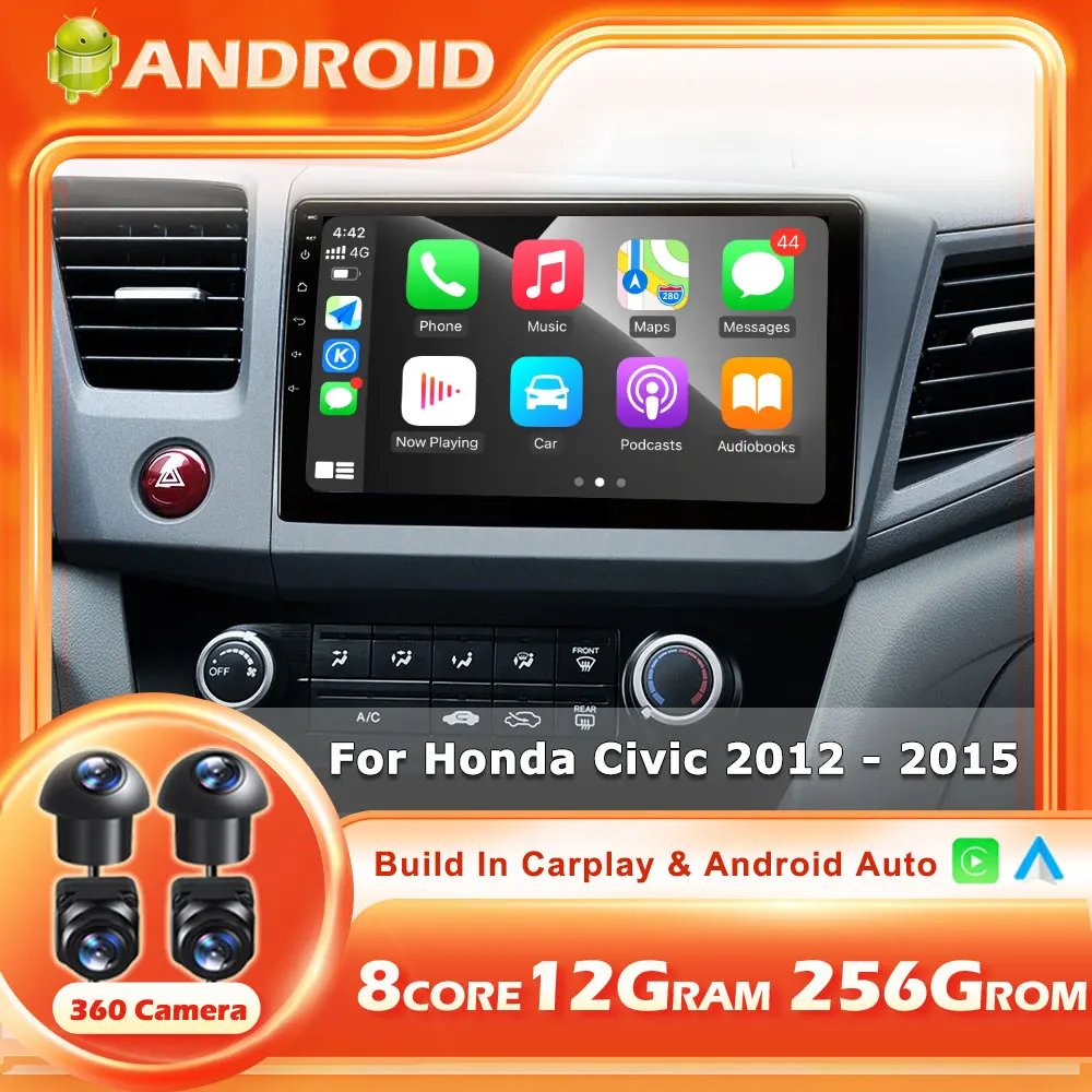 

Android 14 для Honda Civic 2012-2015 Carplay Auto 2K экран автомобильный радиоприемник мультимедиа WIFI + 4G авторадио стерео головное устройство