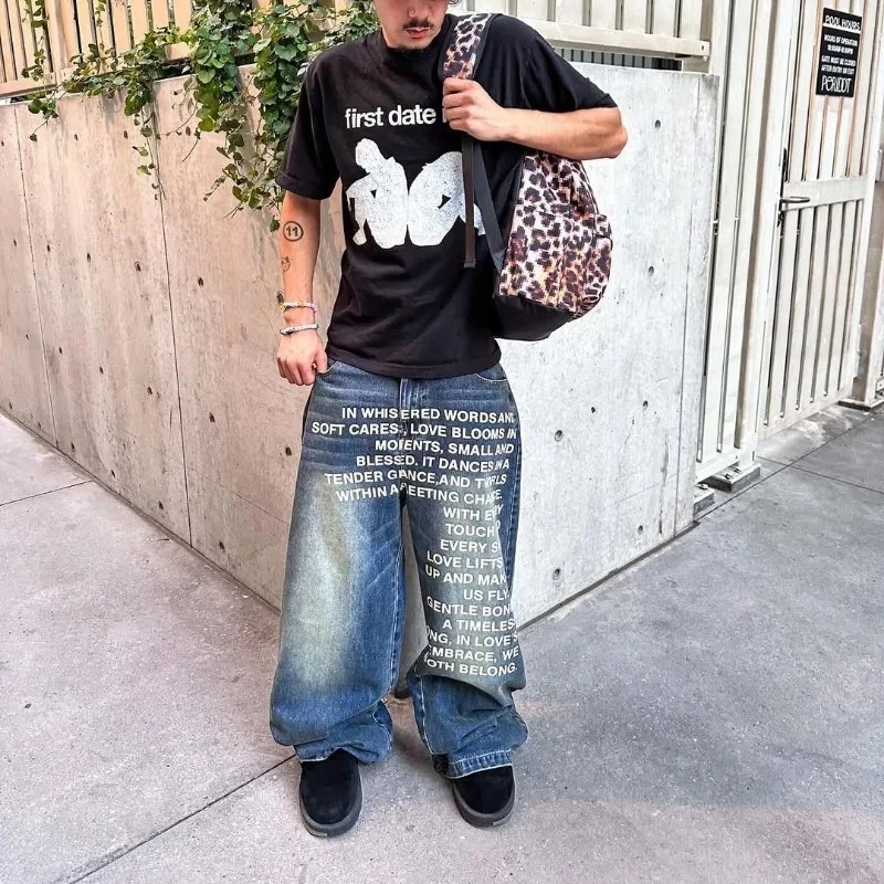 Vintage Letter Print Women Man Jeans Y2k Harajuku Washed Wide Leg American Style Denim Pants Baggy Hip Hop Streetwear