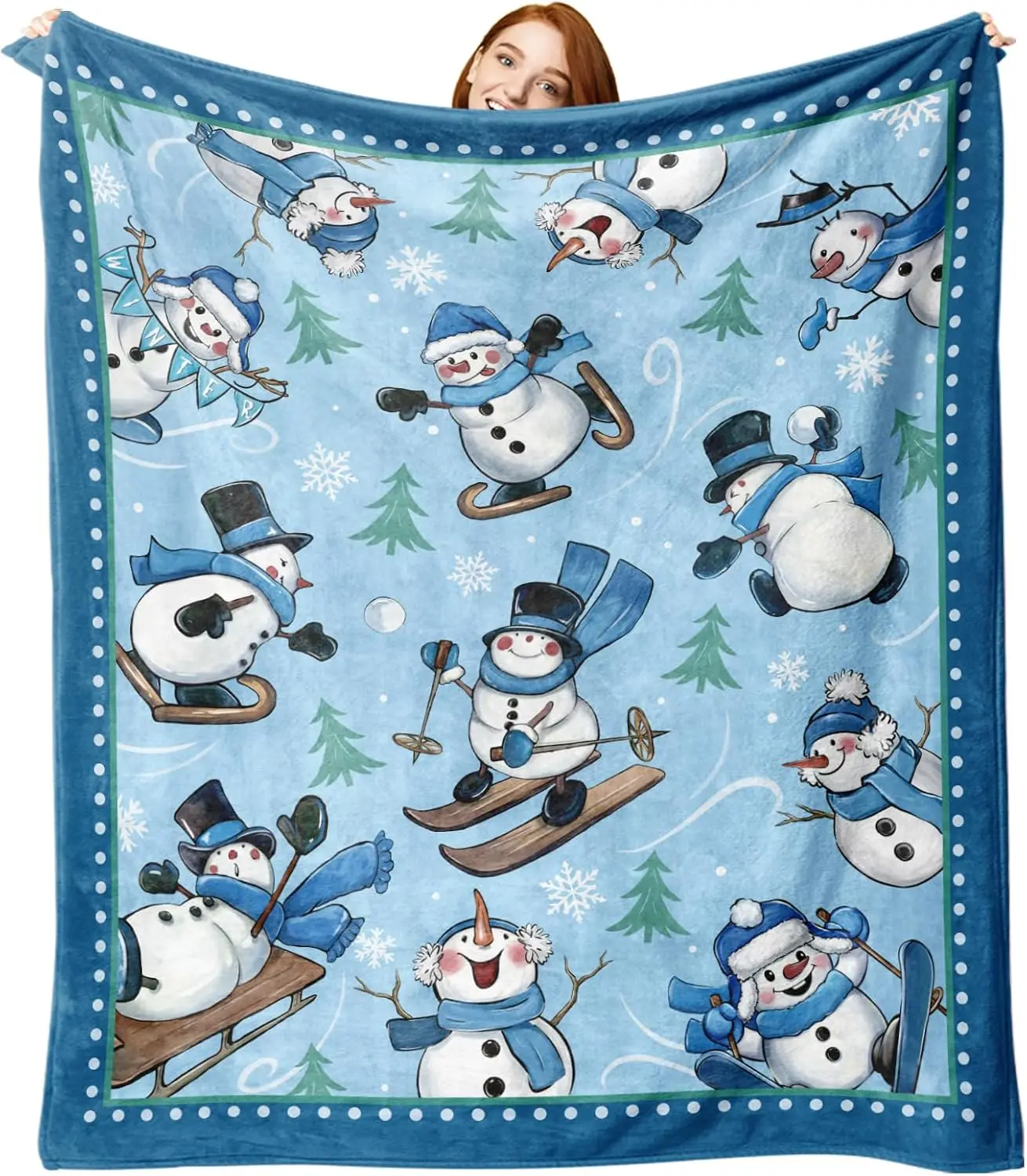 Winter Skiing Snowman Blue Flannel Blanket, Pine Tree Snowflake Throw Blanket Gifts for Kids Men Women, Christmas Seasonal Soft
