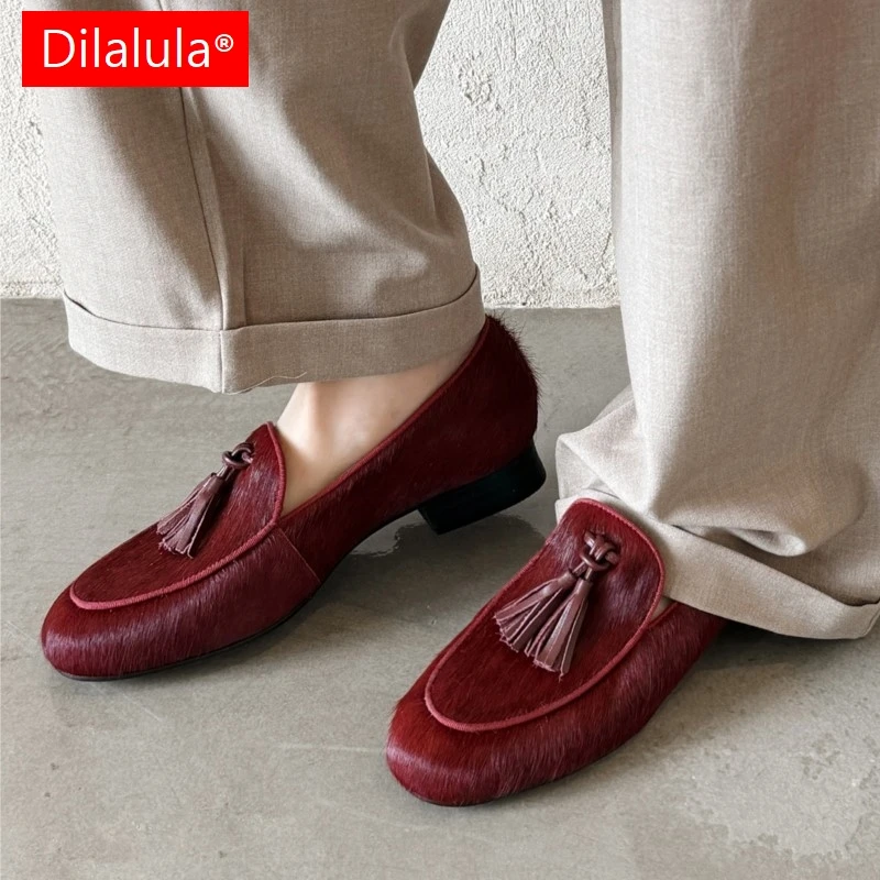 

Dilalula 2026, винтажные женские лоферы из конского волоса, туфли-лодочки с кисточками и круглым носком на низком каблуке, женские осенние лоферы из натуральной кожи для отдыха