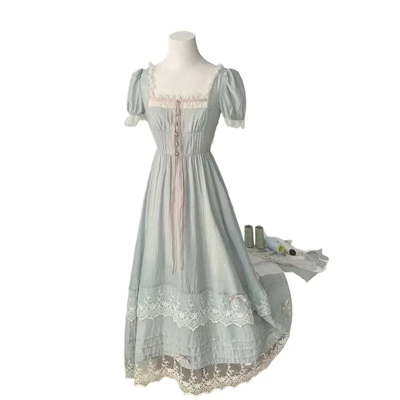 

2025 Summer French Retro Style Dress Women Sweet Lace Edge Flutter Sleeve Clothes Bow Blue Midi Dresses Elegant Chic Style New