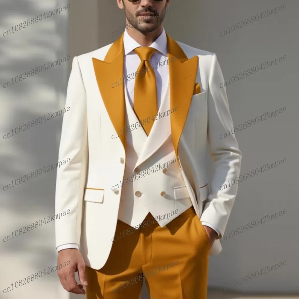 

New White And Yellow Formal Men Suit Groom Groomsman Wedding Party Prom Business Male Tuxedos 3 Piece Set Blazer Vest Pants