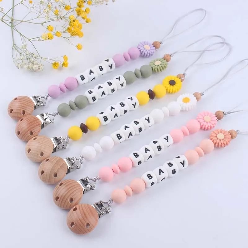 Baby Fopspeen Clip Ketting Gepersonaliseerde Naam Houten Veilig Siliconen Bloem Bijtringen Dummy Tepel Houder Clips Tandjes Speelgoed Bpa Gratis