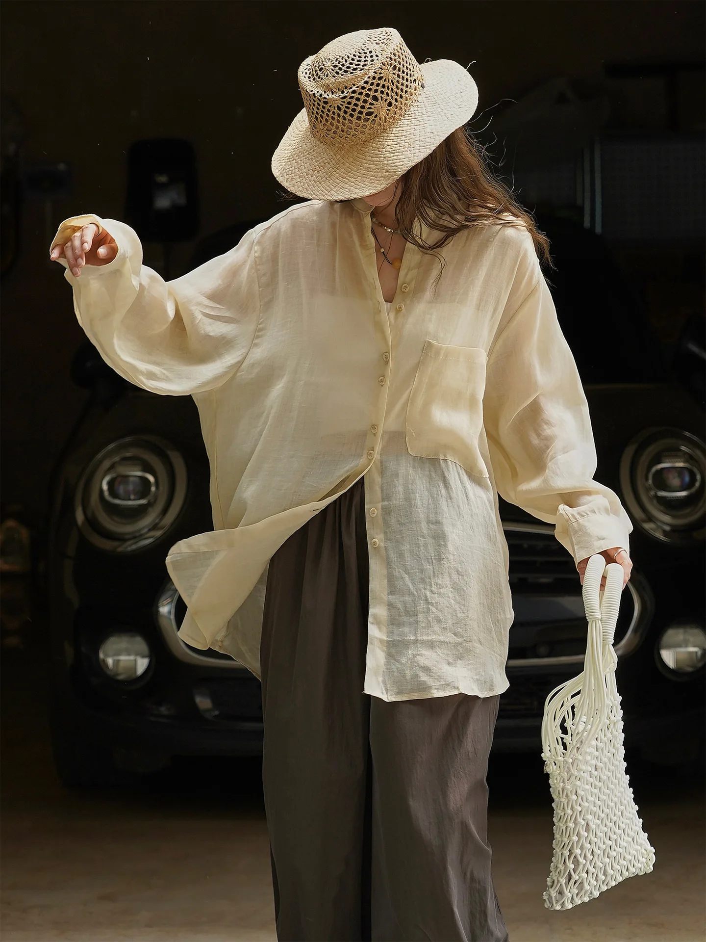 

Casual Loose Women's Linen Shirt Breathable Summer Spring Thin See-through Design Slimming Sun Protection Fashionable OL Top