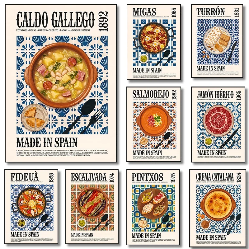 1pc frameless Canvas Painting World Cuisine Vintage Kitchen Posters Turrón Spanish Nougat Salmorejo Prints Canvas Painting Wall