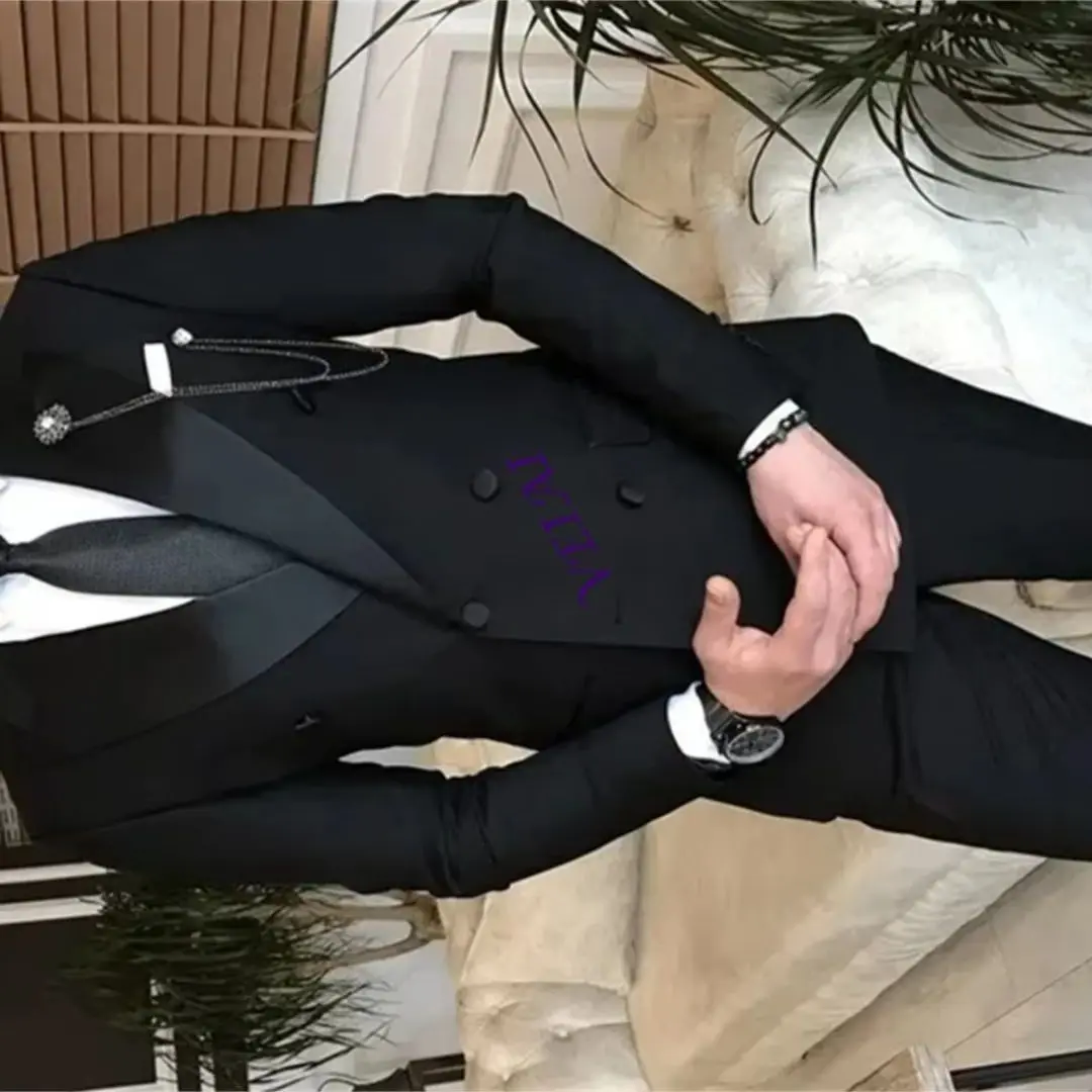 

2 Pieces Black Men's Tuxedo Suits Peaked Lapel Double Breasted Bespoke Blazer Wedding Groom Prom Costume Homme Jacket with Pants