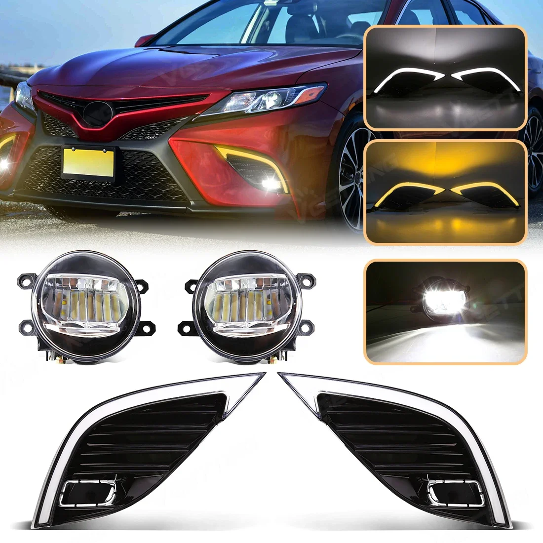 For Toyota Camry SE XSE 2018 2019 2020 8th DRL Fog Lamps LED Daytime Running Lights Front Bumper Daylights Turn Signal Lamps 12V