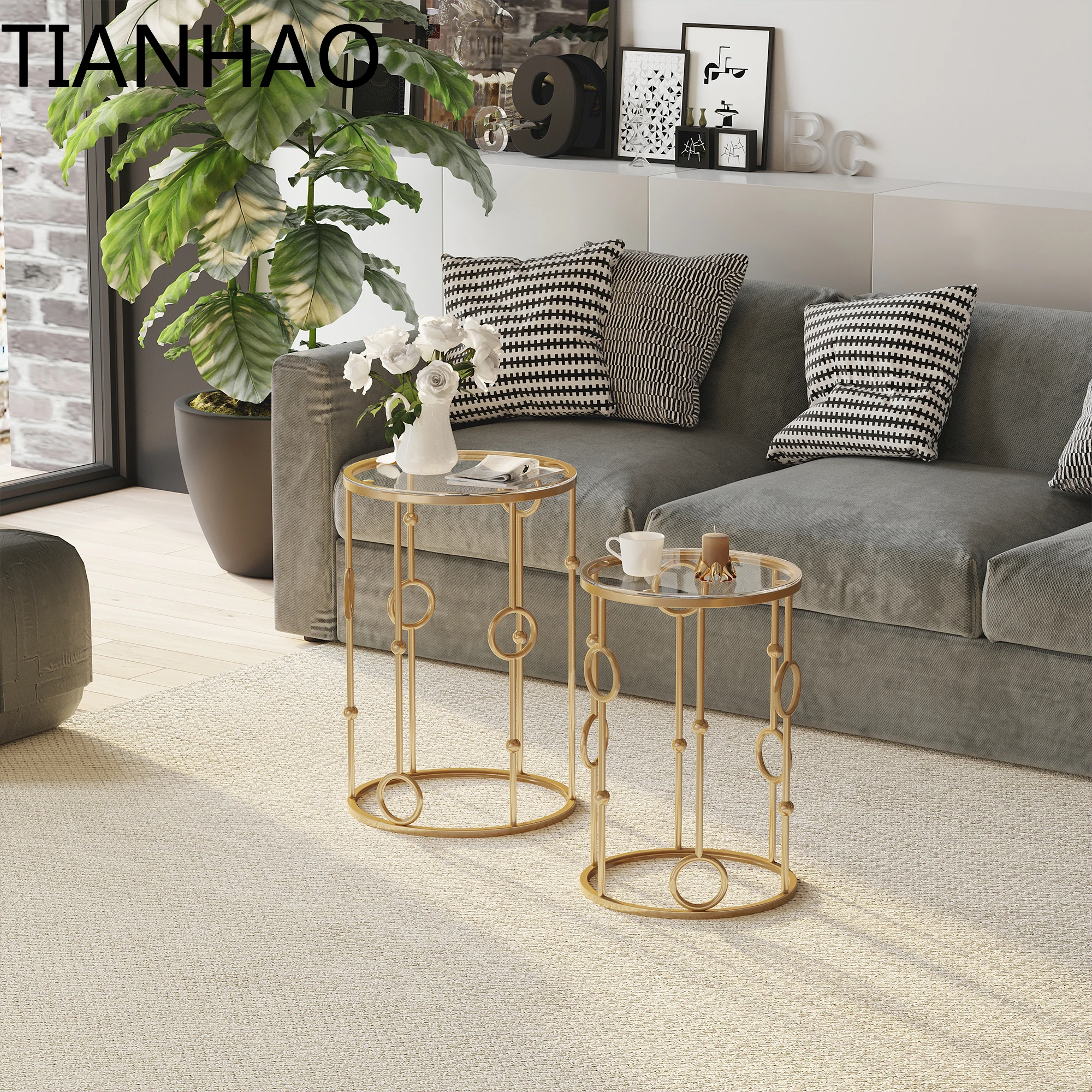 HOMCOM Set of 2 Gold Nesting Coffee Table, Side Tables W/ Tempered Glass Top