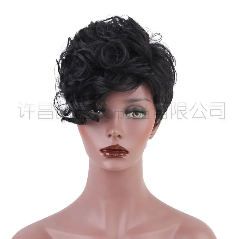 Wig, European and American black short curly hair headgear, oblique bangs, partial hair wig, women's chemical fiber hair cover