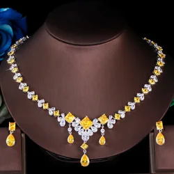 ThreeGraces Fashion Yellow Cubic Zirconia Bridal Wedding Dangle Earrings and Necklace Set for Women Party Dinner Jewelry TZ731