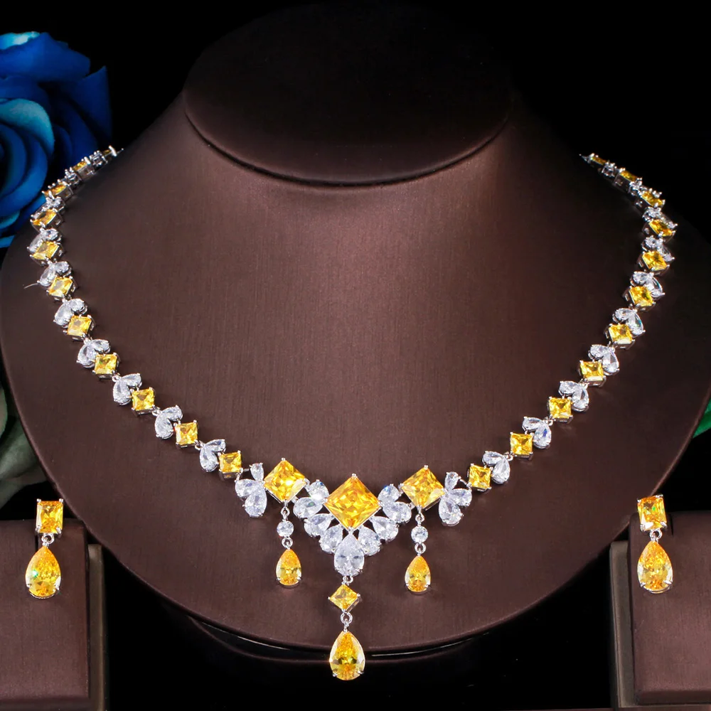 ThreeGraces Fashion Yellow Cubic Zirconia Bridal Wedding Dangle Earrings and Necklace Set for Women Party Dinner Jewelry TZ731