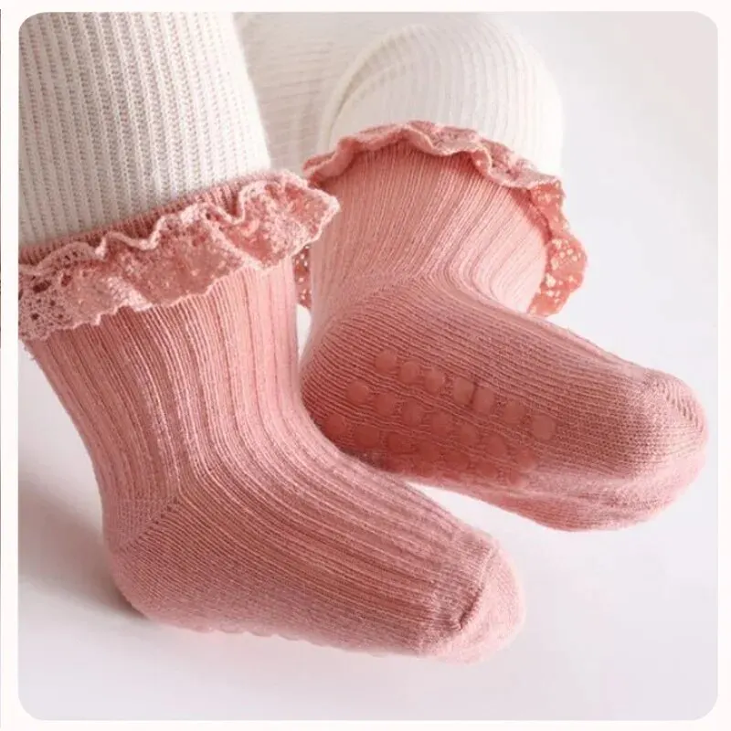 Baby Girl Sweet Lace Socks Anti Slip Adhesive Point Solid Color Cotton Infant Girls Sock Breathable Kids Girls Floor Socks