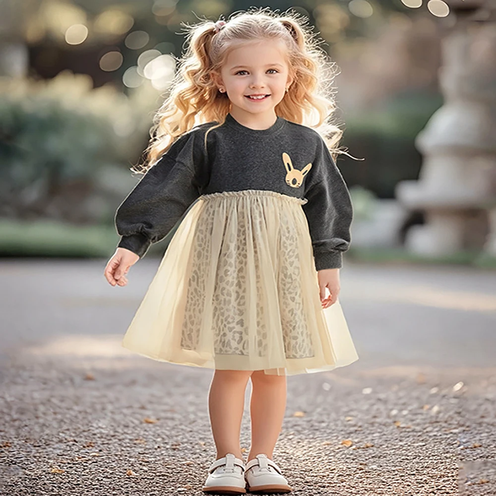 

Princess Dress For Girl Autumn Leopard Print Mesh Children's Dress Birthday Party Night Costume For Baby Girl 3-8Y Prom Clothes