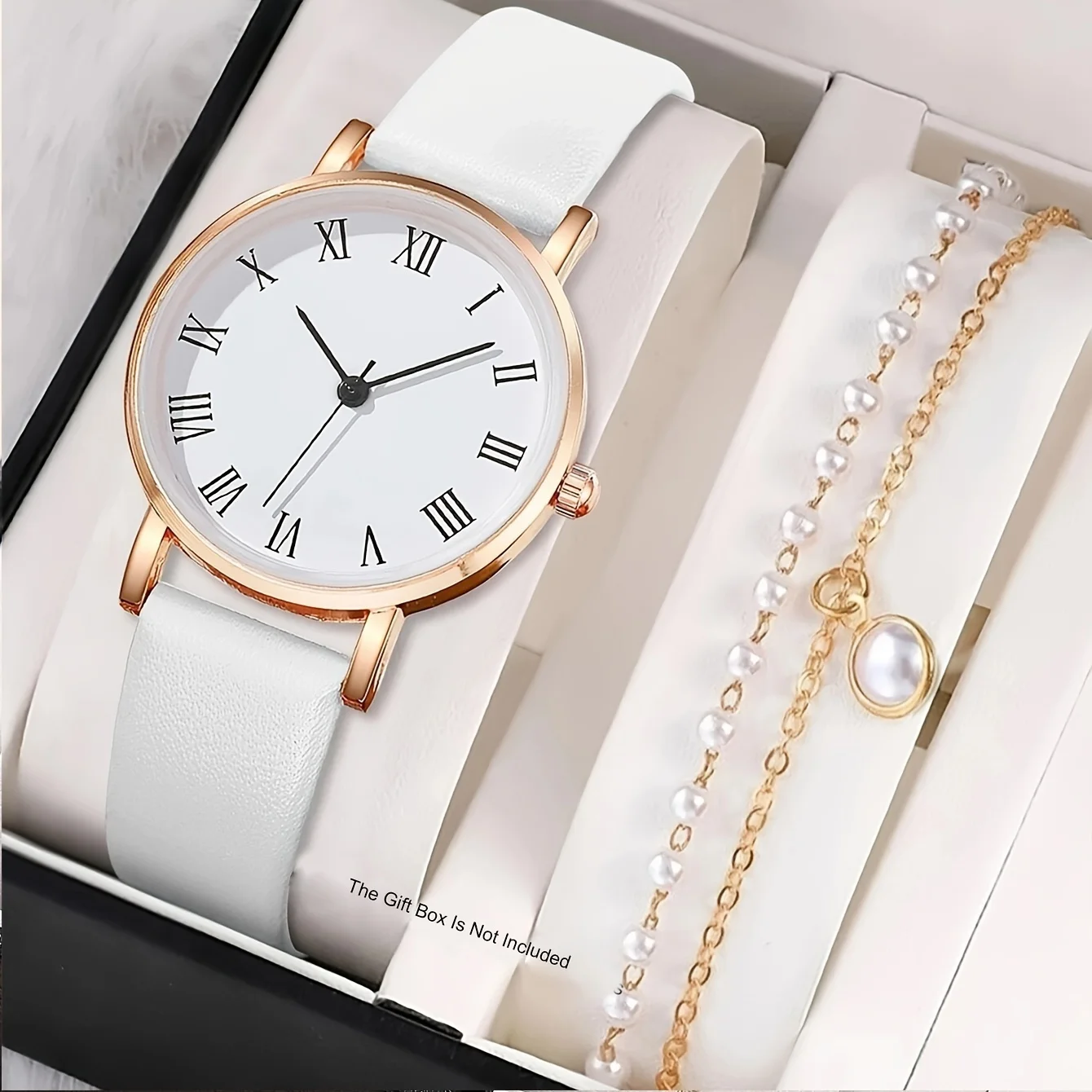 

2pcs/set Women's Watch Casual Round Pointer Quartz Watch Analog PU Leather Wrist Watch & Faux Pearl Bracelet, Gift For Mom Her