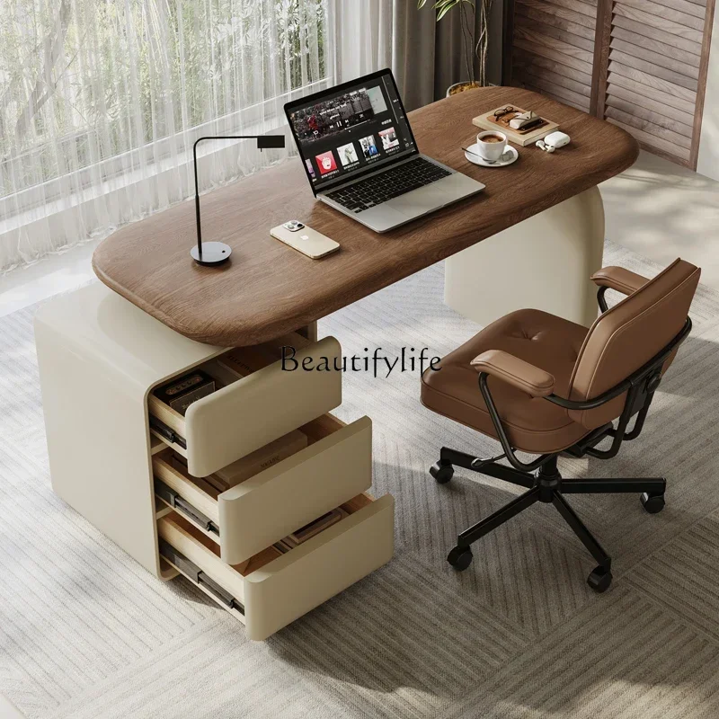 yj9  Solid Wood Desk with Extendable Chest of Drawers, Integrated Mid-Century Style Storage Cabinet, Office Writing Desk