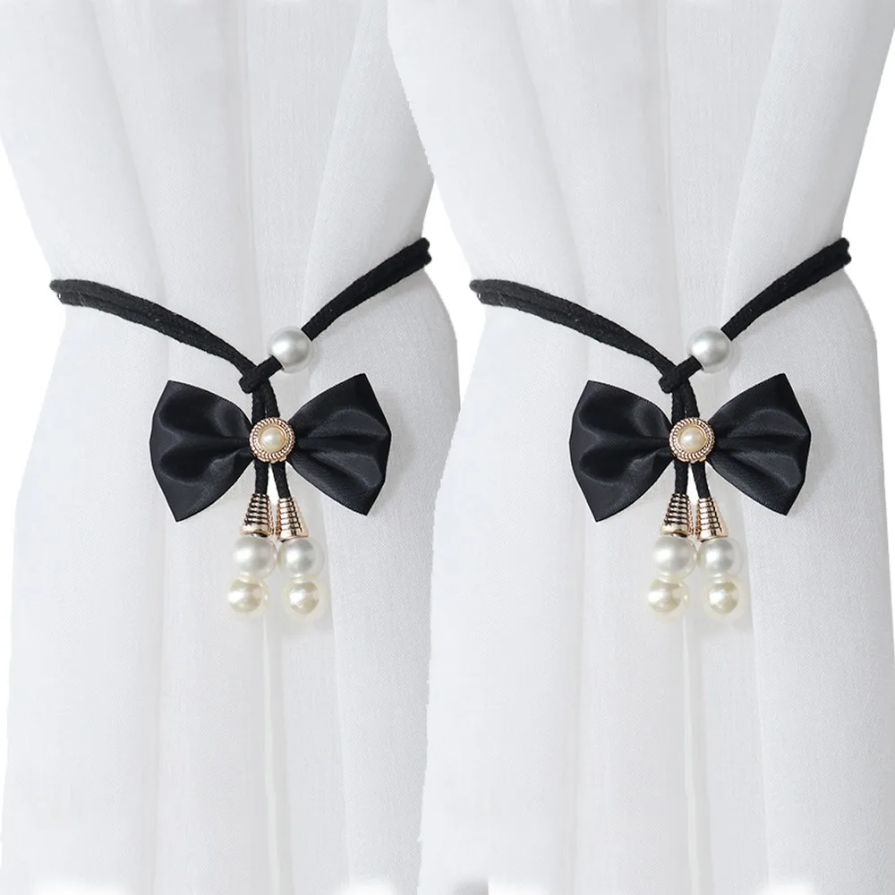 2 PCS Sweet Adjustable Bowknot Curtain Straps Pearl Beautifully Bow Curtain Buckle Elegant Curtains Tie Rope Bedroom