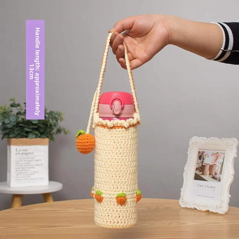 Handmade Crochet Thermal Cup Coaster Diagonal Long Strap Glass Water Cup Protective Cover Cute Yarn Cup Holder Beverage Insul...
