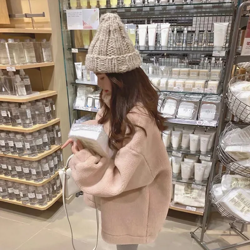 

Women Zip Up Lamb Wool Jacket Winter Thicken Fleece Jacket Korean Solid Color Streetwear New Baggy Warm Coats Y2k Hoodie 여성가을의류